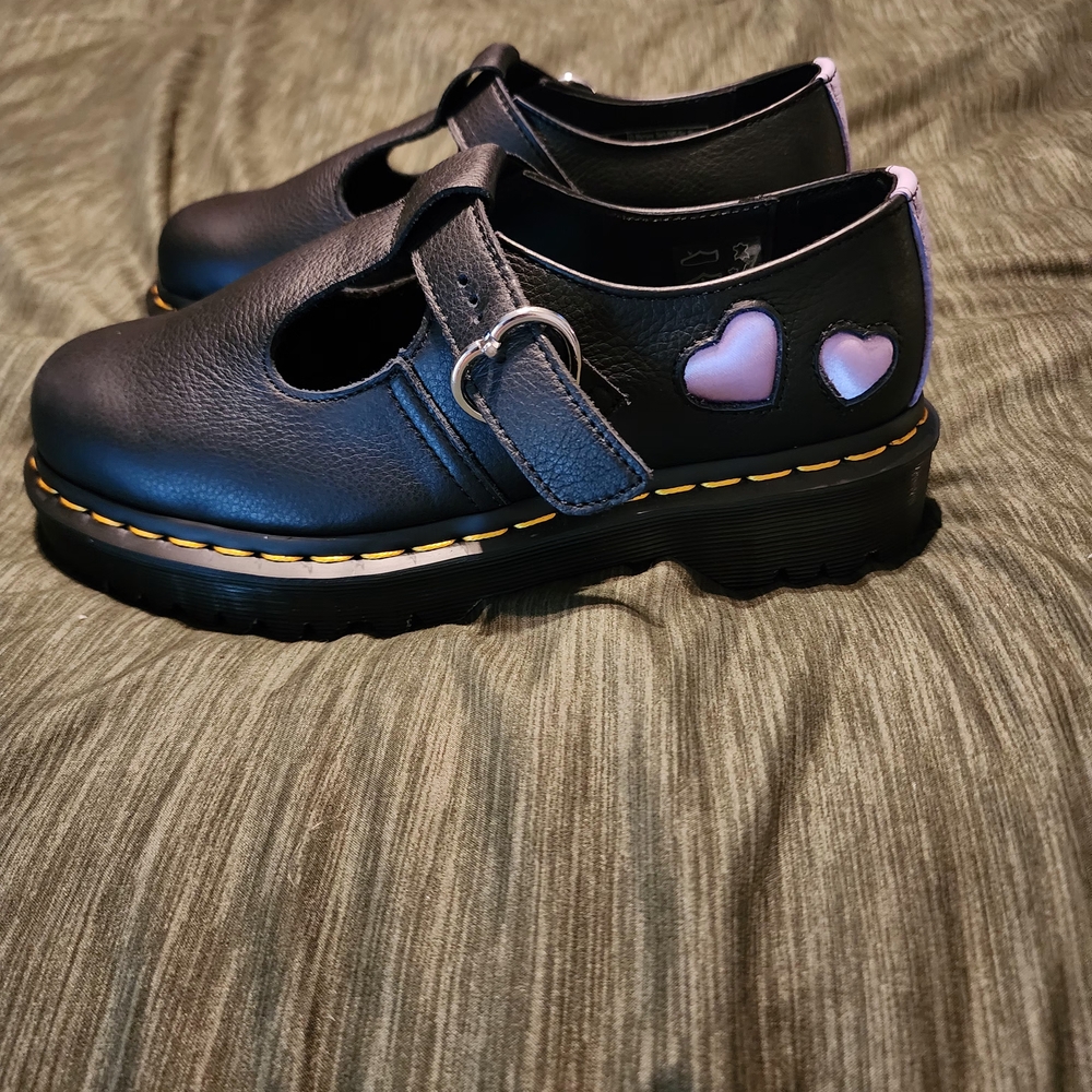 Dr. Martens Black Leather Ankle Boots with Pink Heart Details
